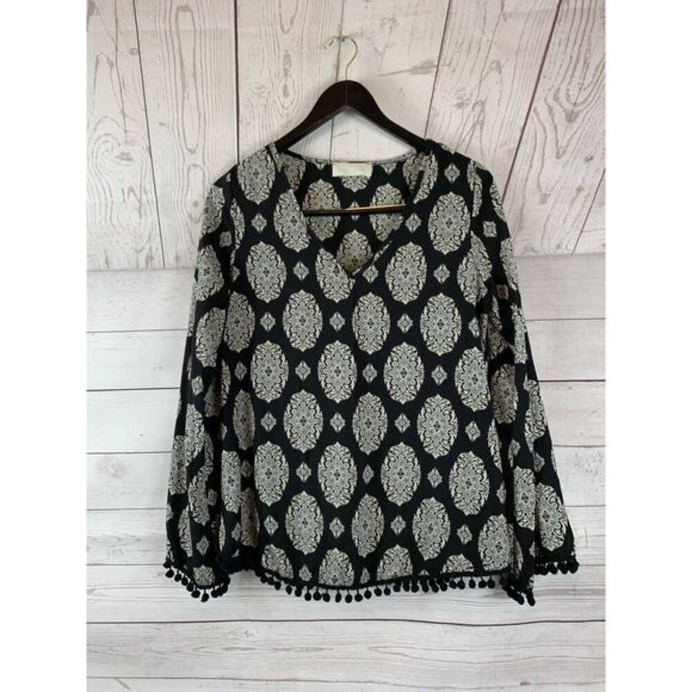 TALLY ANNE Blouse Womens small black print pom pom trim v-neck polyester top